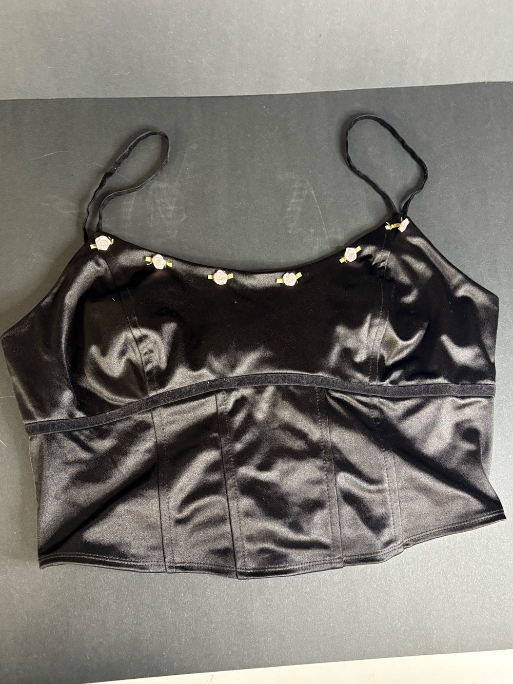 Black Satin Wild Fable Corset Top with Pink Rose Embellishments Summer - Picture 6 of 13